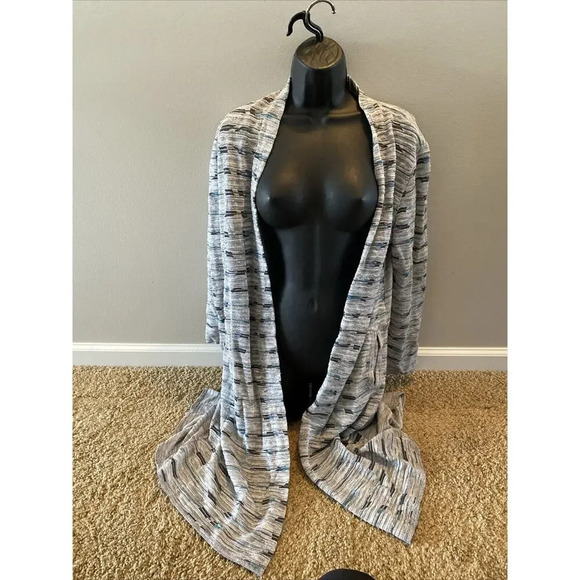 Nic + Zoe Medium Gray Blue Open Front Duster Cardigan Sweater Boho Women Geo - Picture 13 of 13